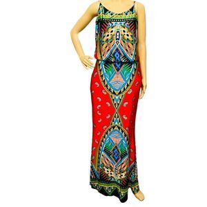 S-Twelve Aztec Parsley Print Adjustable Strap Elastic-Waist Maxi Dress Sz M